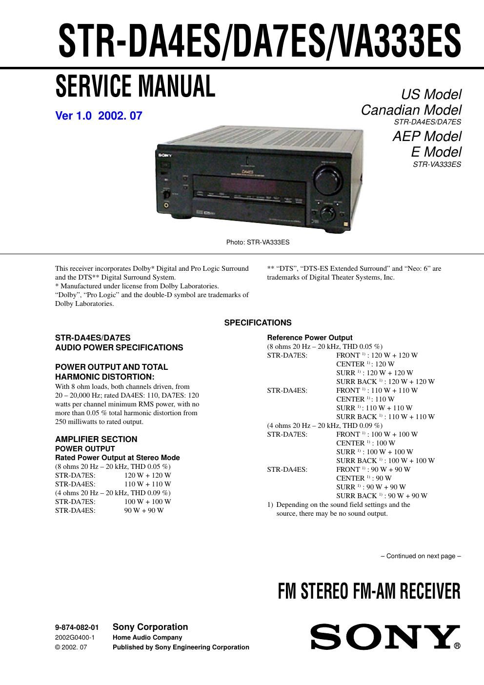 sony str da 7es service manual