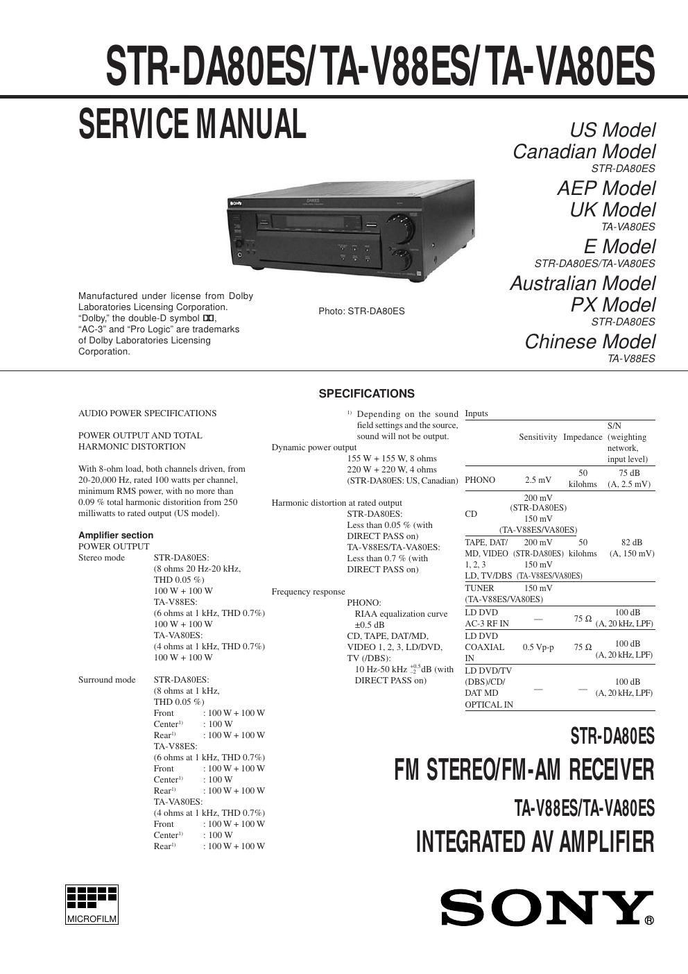 sony str da 80 es service manual