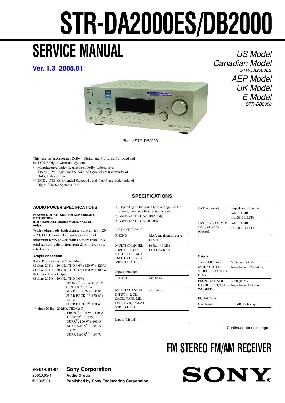 sony str db 2000 service manual