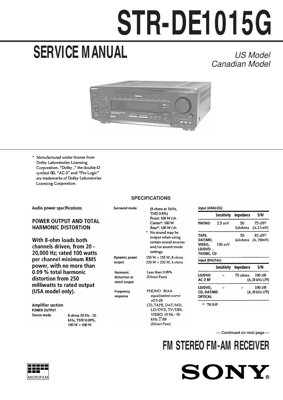 sony str de 1015 g service manual