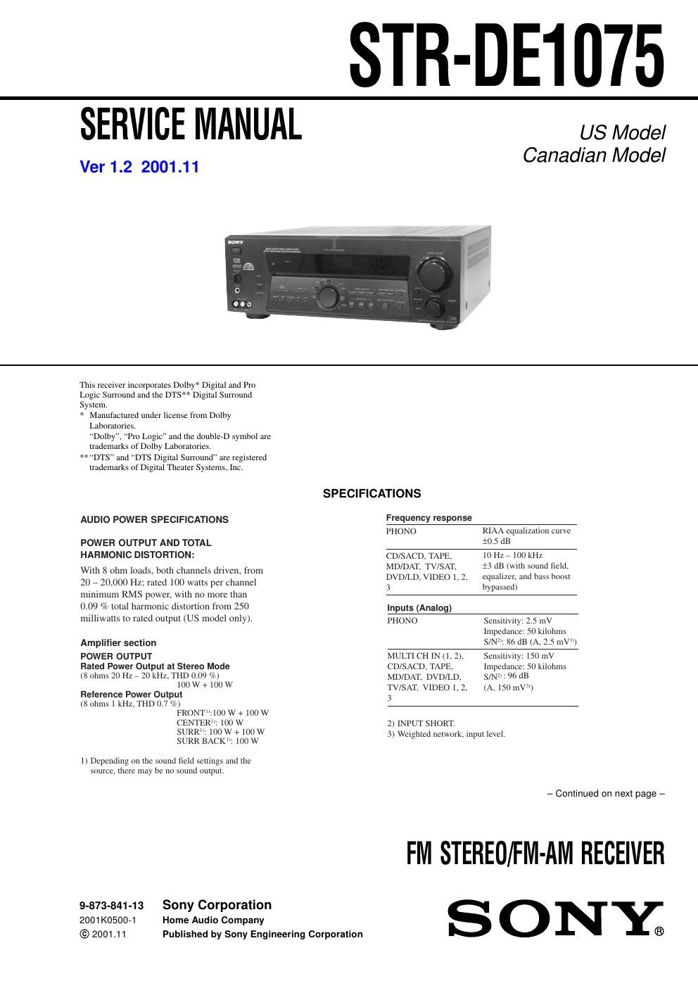 sony str de 1075 service manual