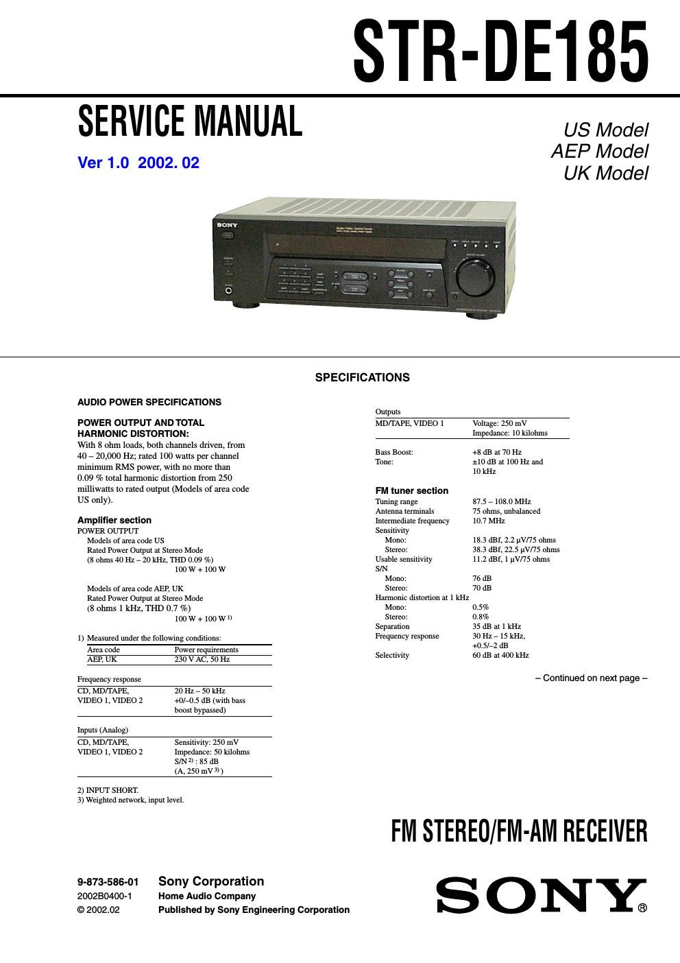 sony str de 185 rec service manual