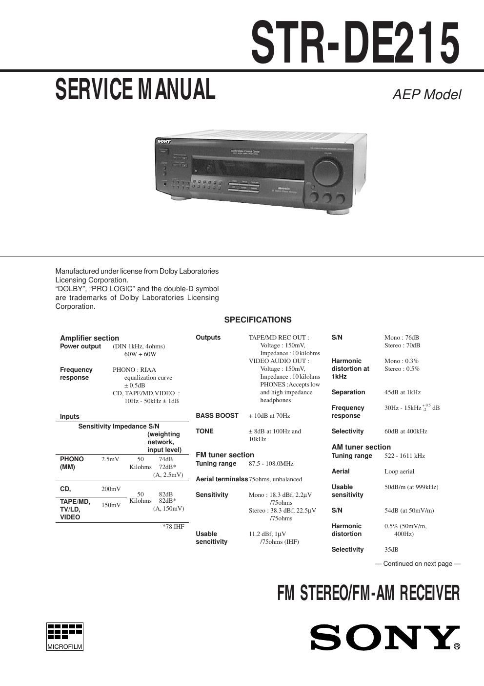 sony str de 215 service manual