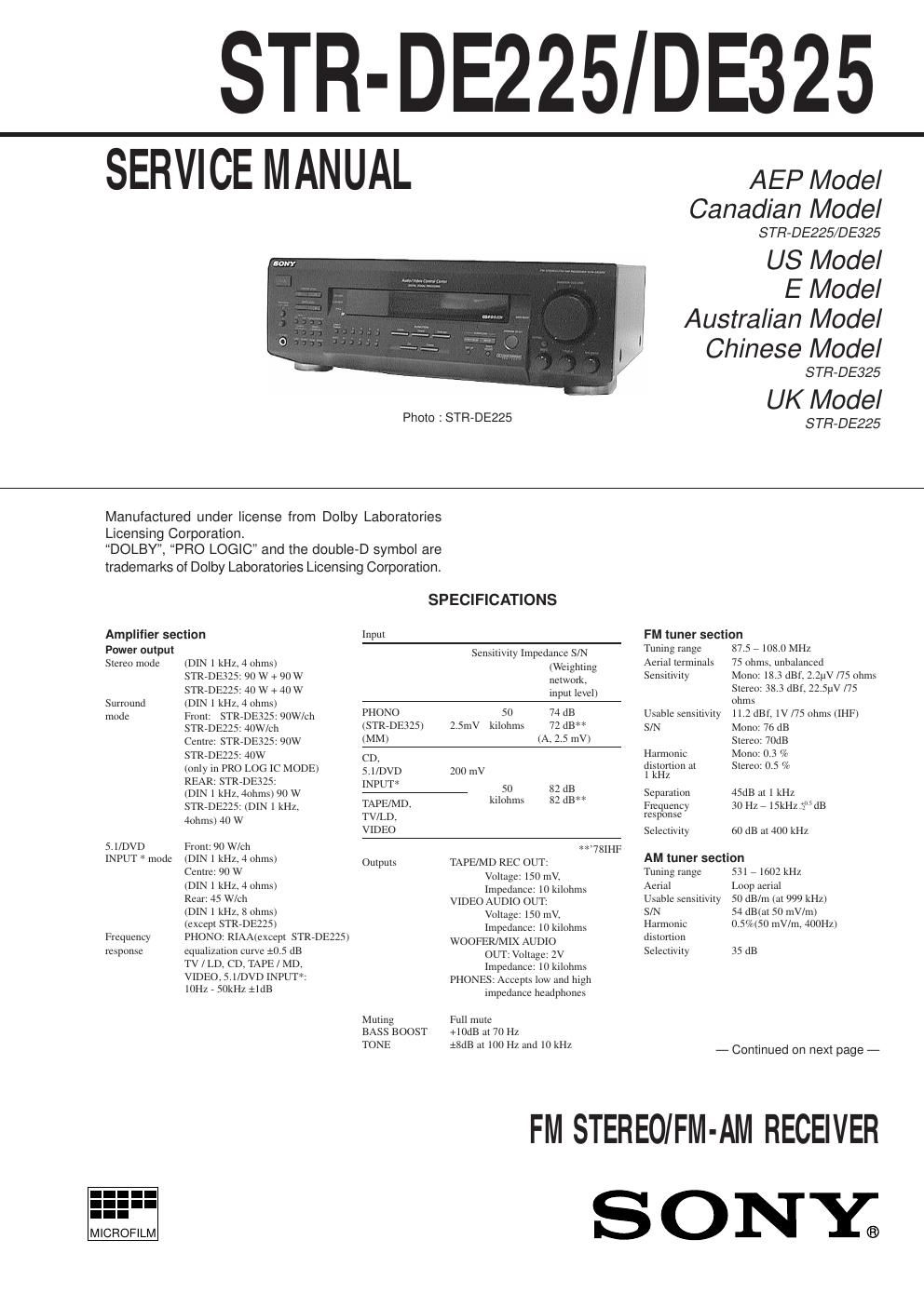 sony str de 225 rec service manual