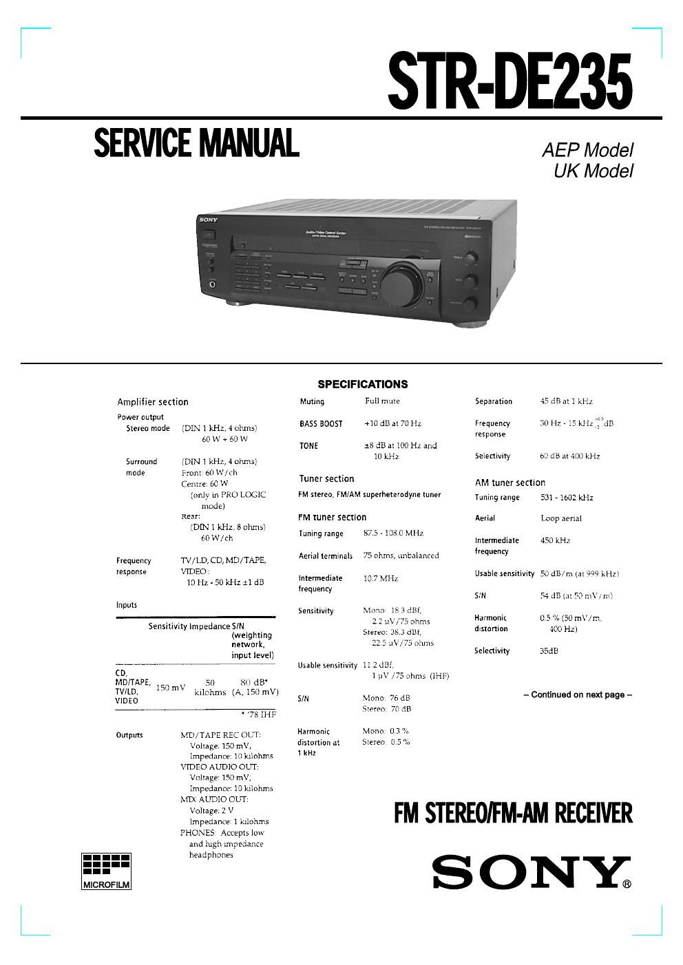 sony str de 235 service manual