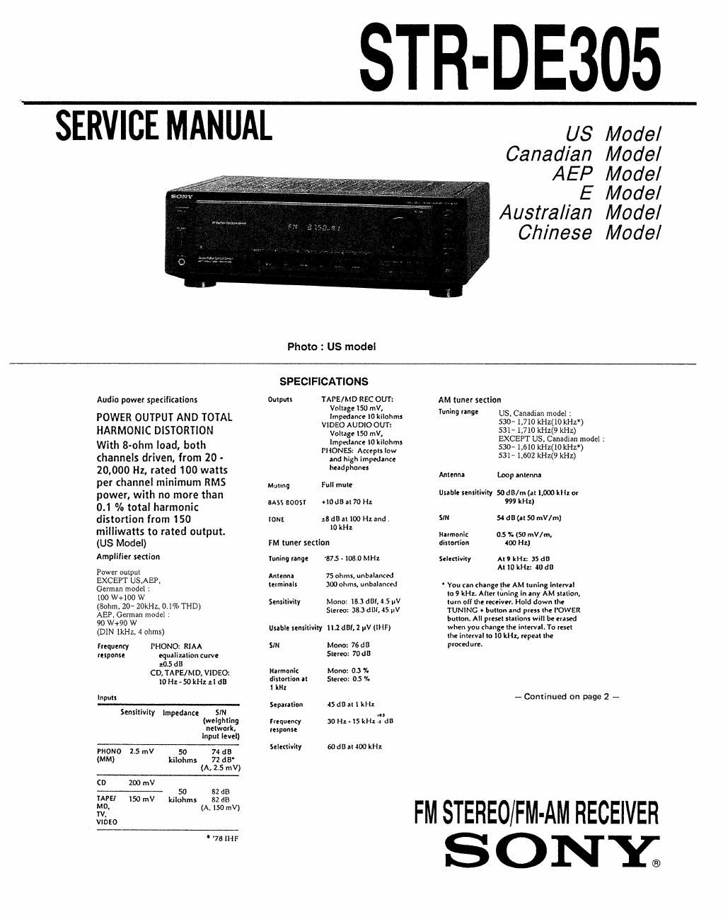 sony str de 305 service manual