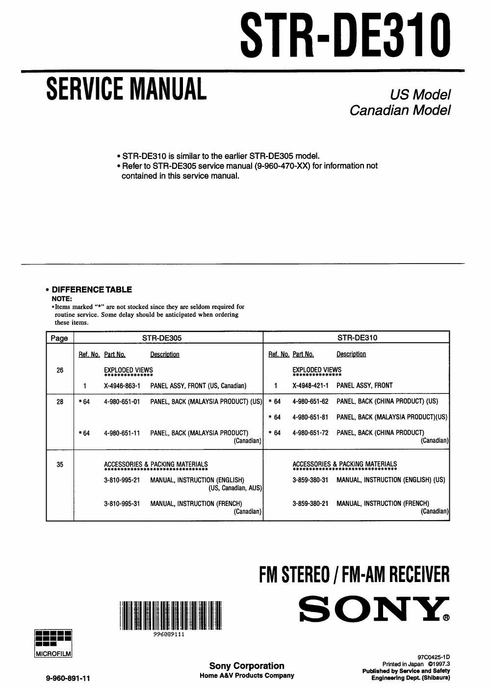 sony str de 310 service manual