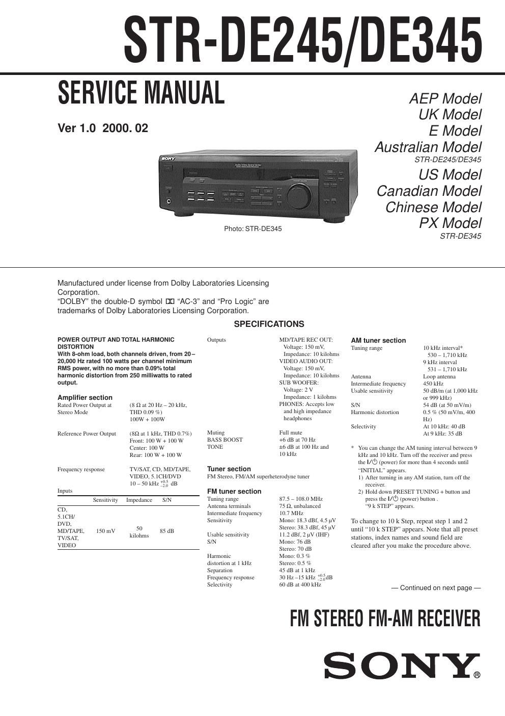 sony str de 345 rec service manual