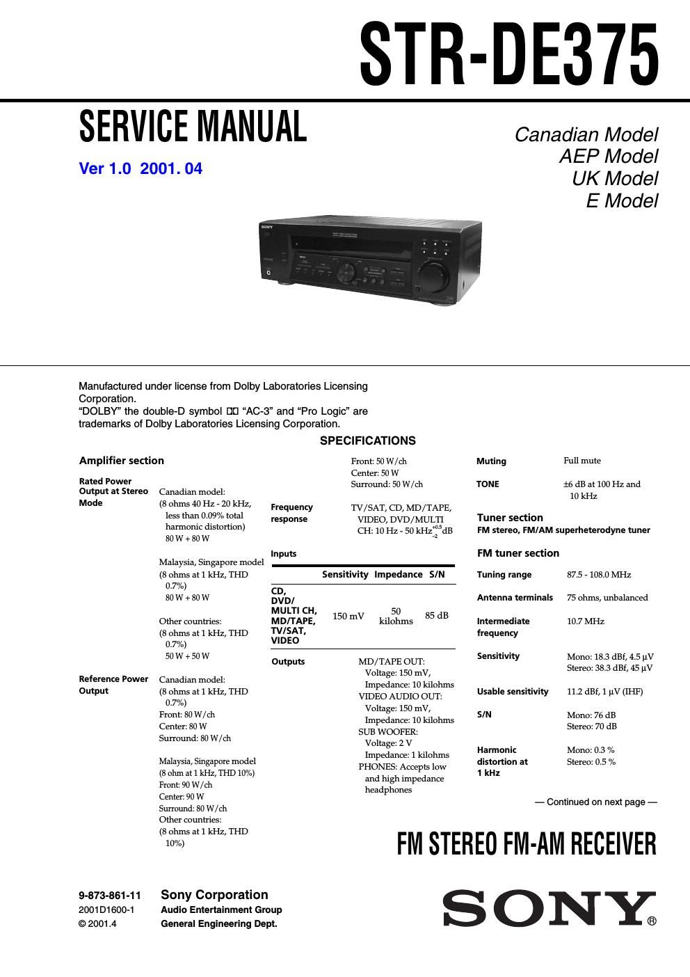 sony str de 375 service manual