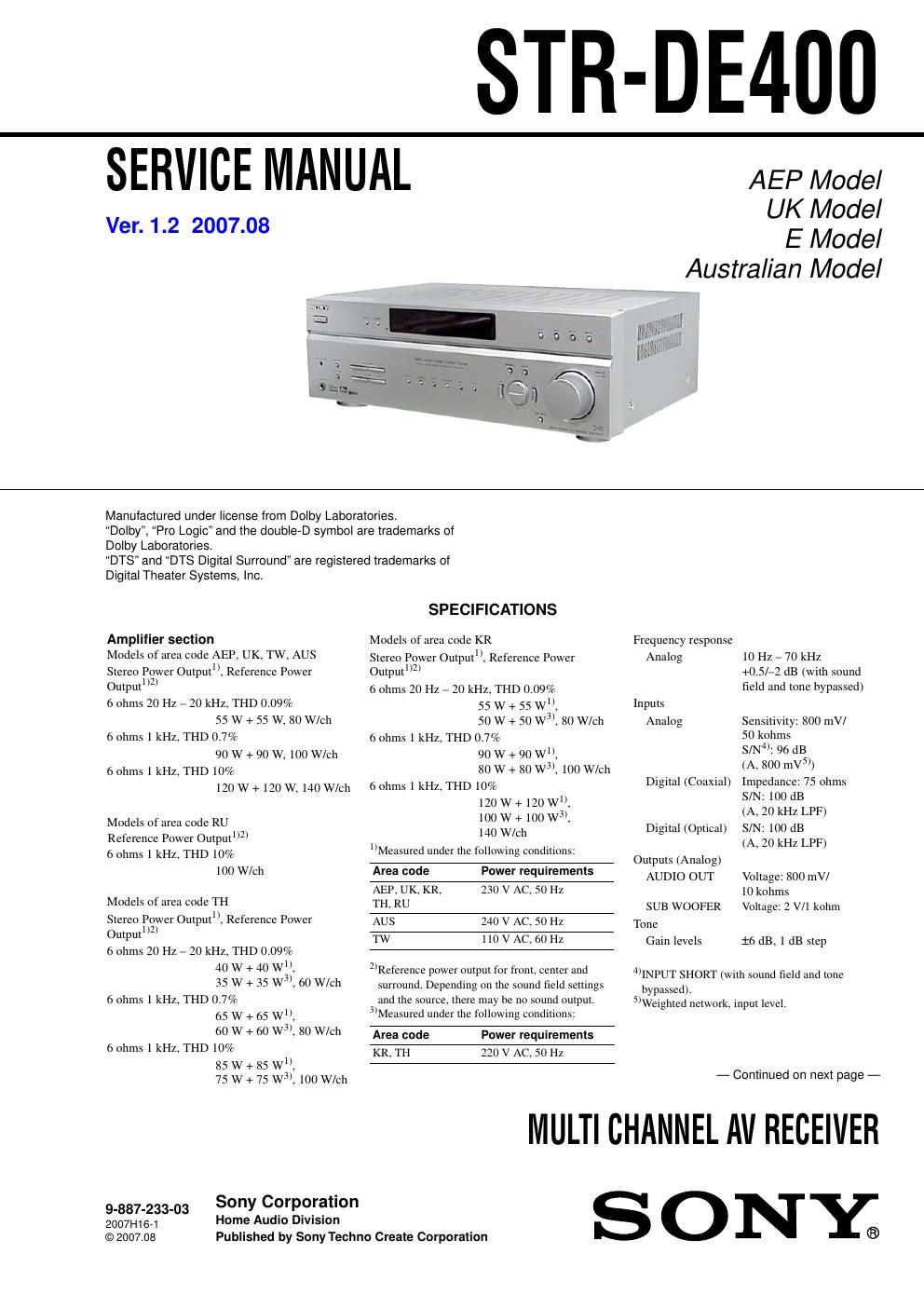 sony str de 400 rec service manual