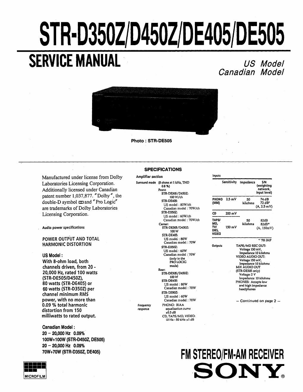 sony str de 405 rec service manual