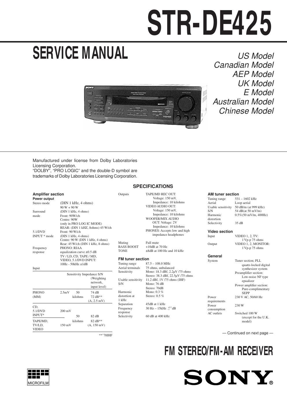 sony str de 425 rec service manual