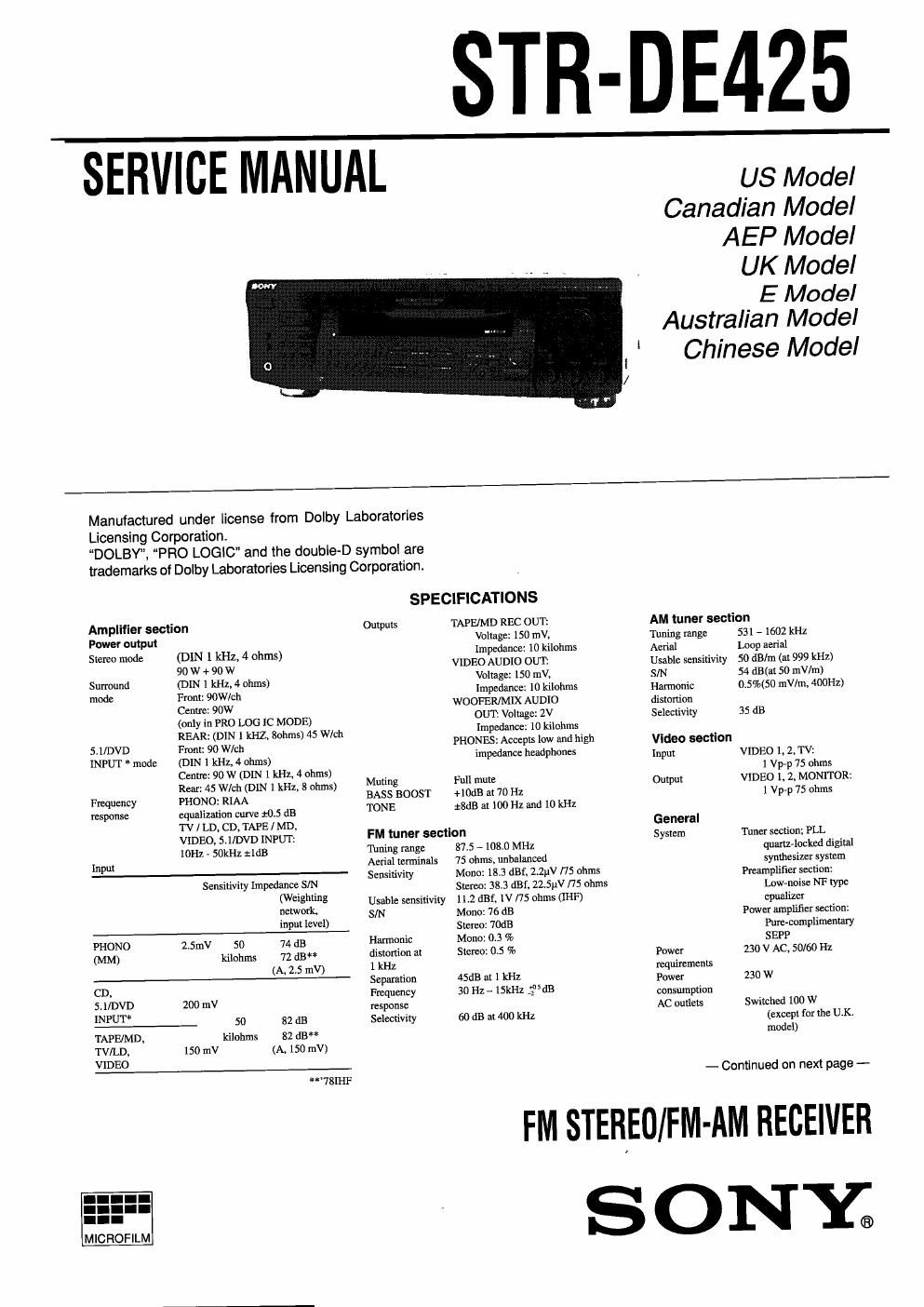 sony str de 425 service manual