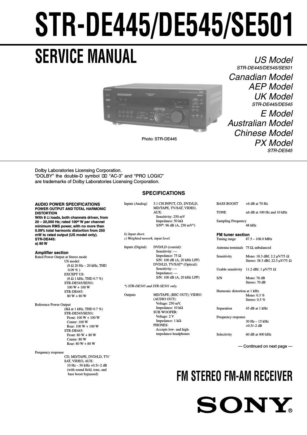 sony str de 445 service manual