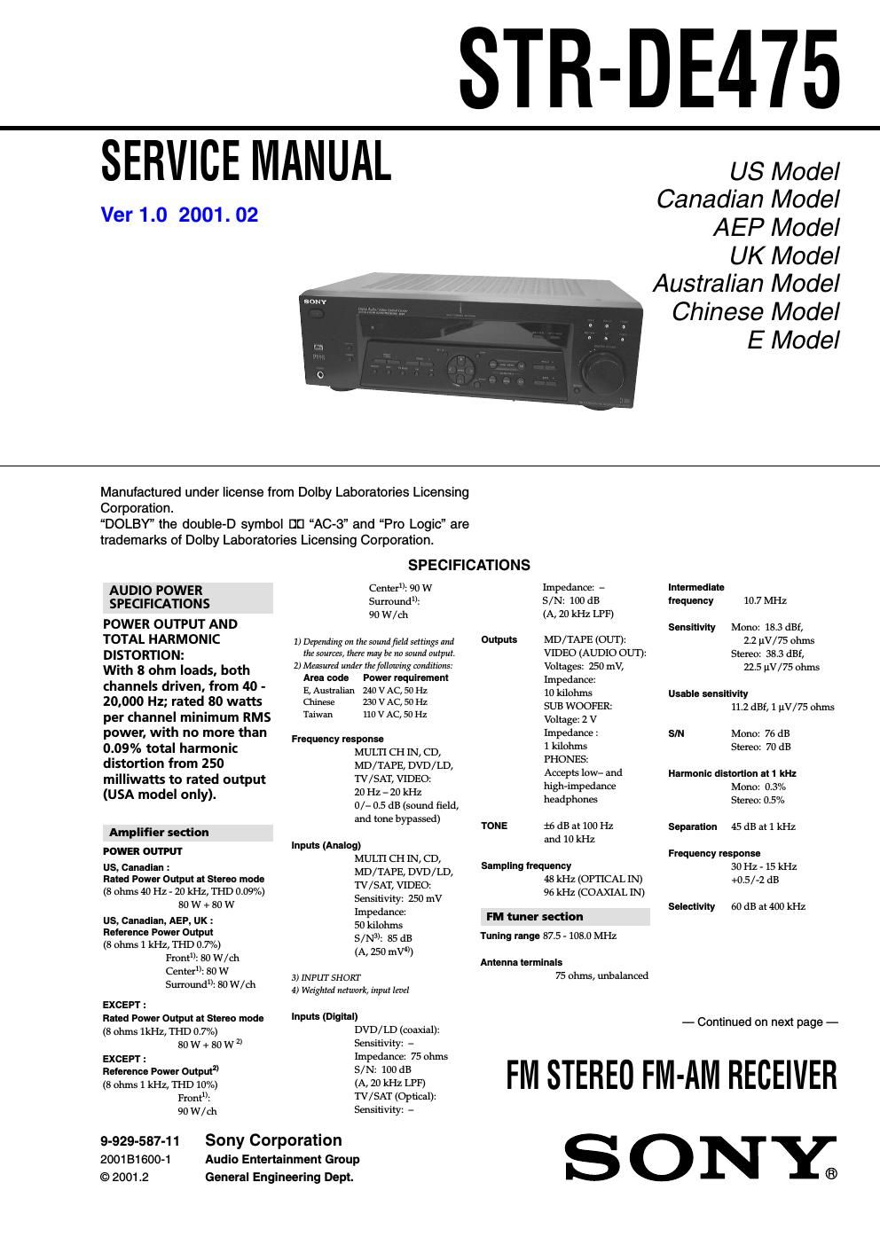 sony str de 475 service manual