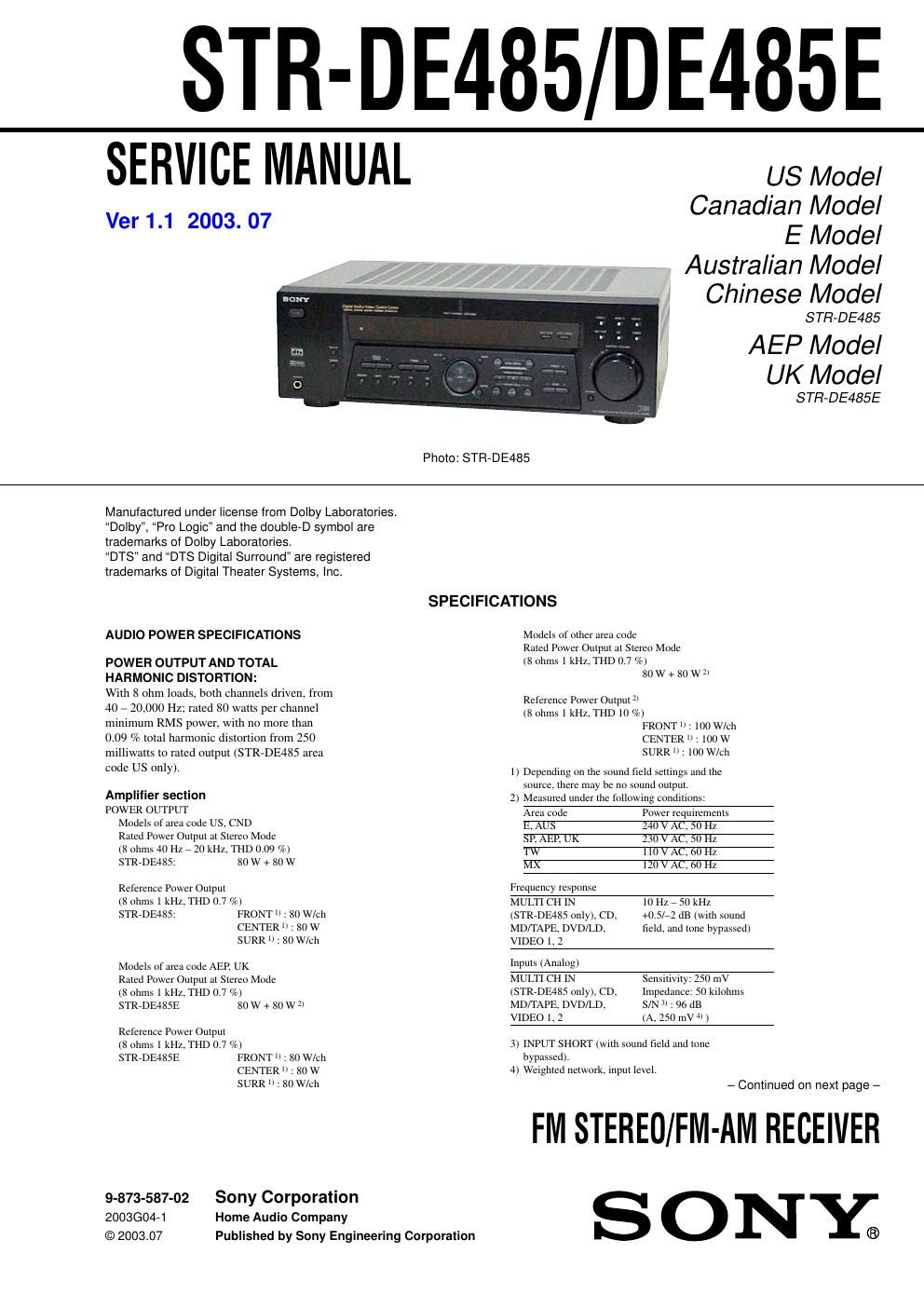 sony str de 485 e service manual