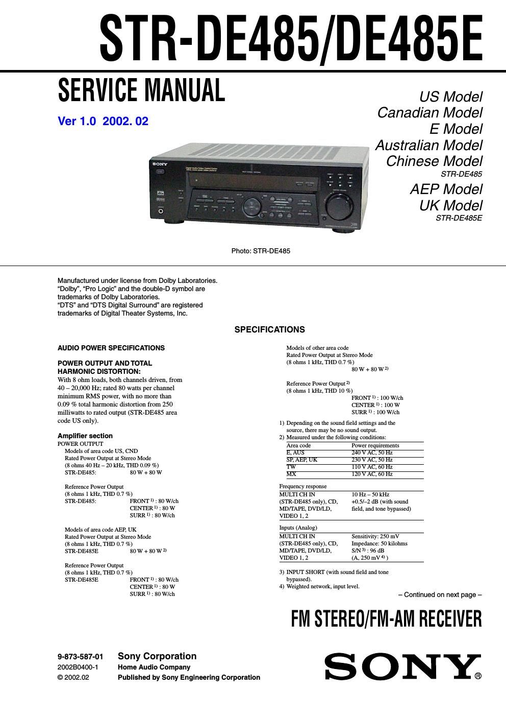 sony str de 485 service manual