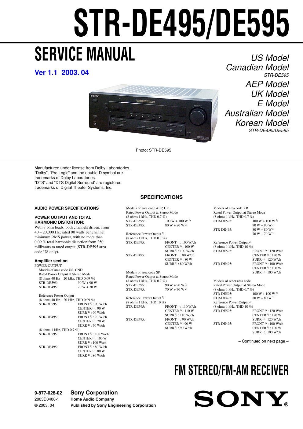 sony str de 495 service manual