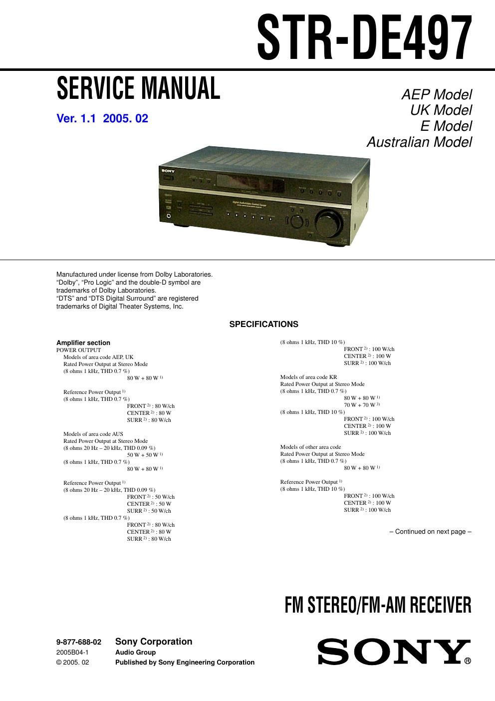 sony str de 497 service manual