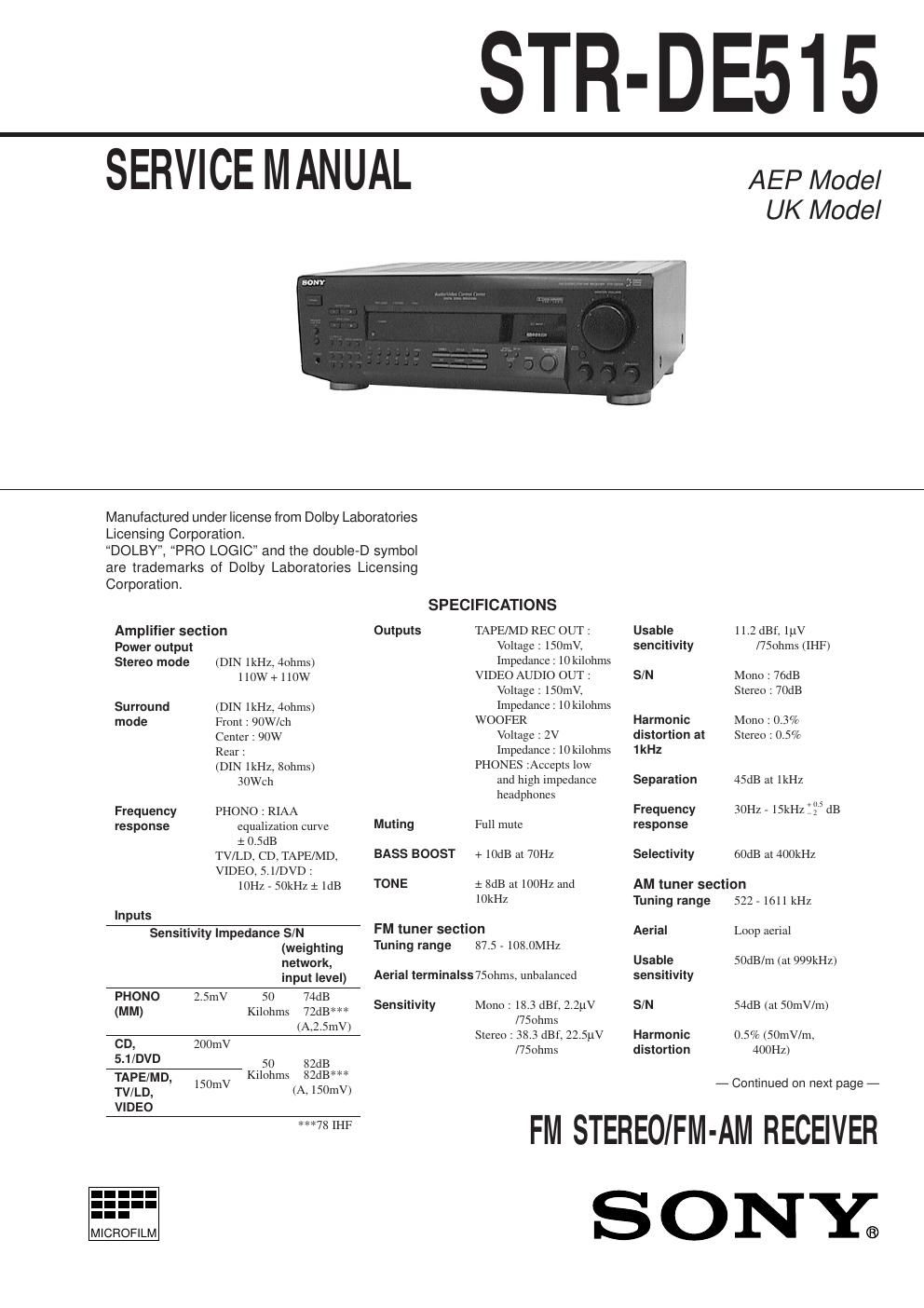 sony str de 515 rec service manual