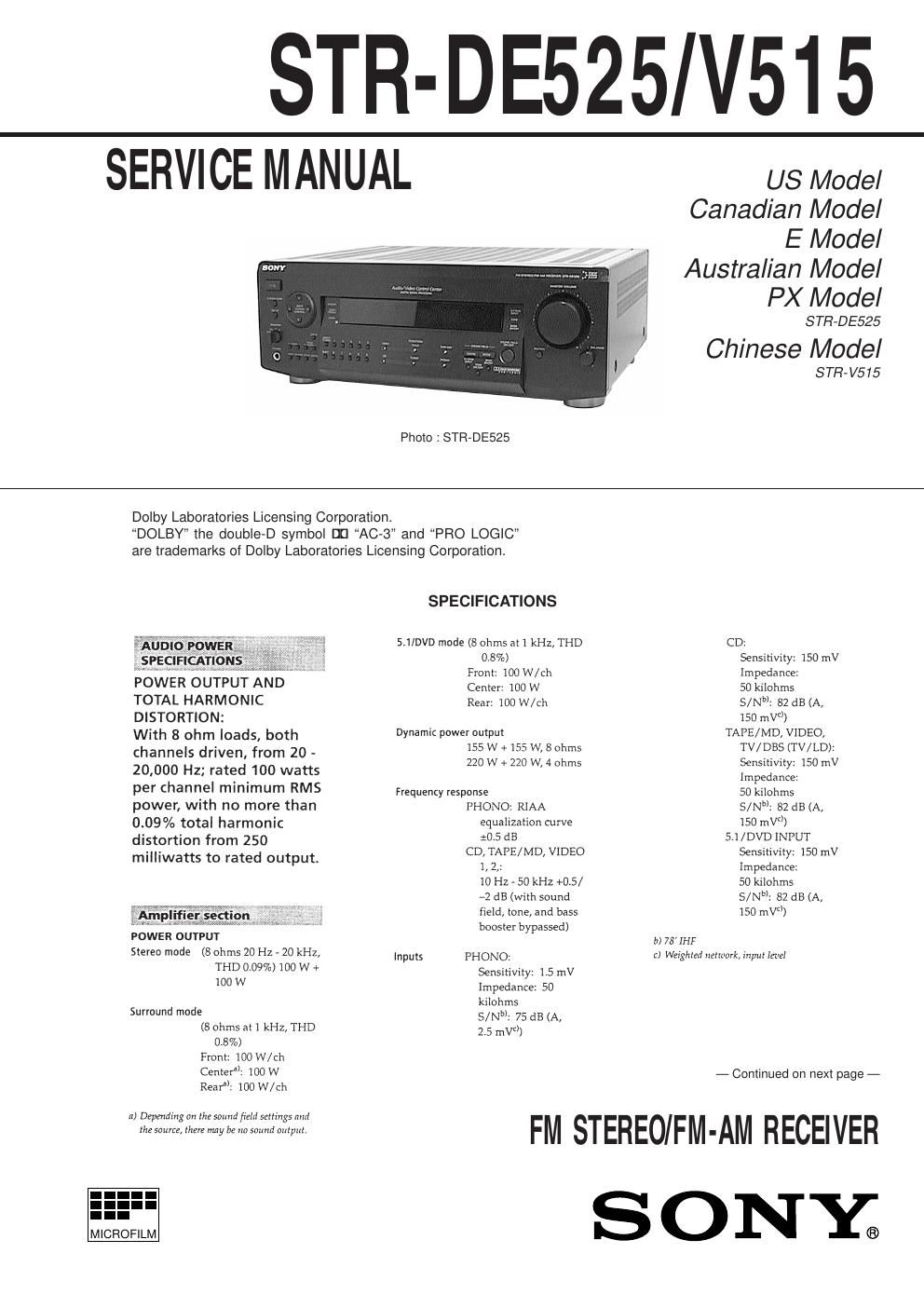 sony str de 525 rec service manual