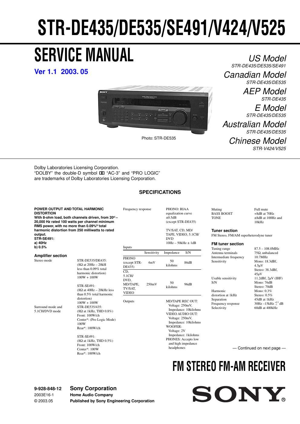 sony str de 535 rec service manual