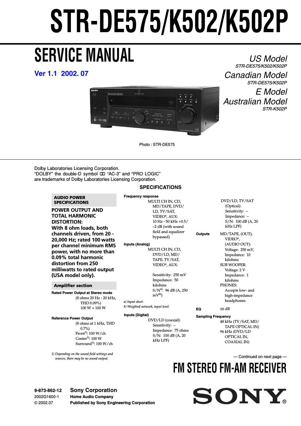 sony str de 575 service manual