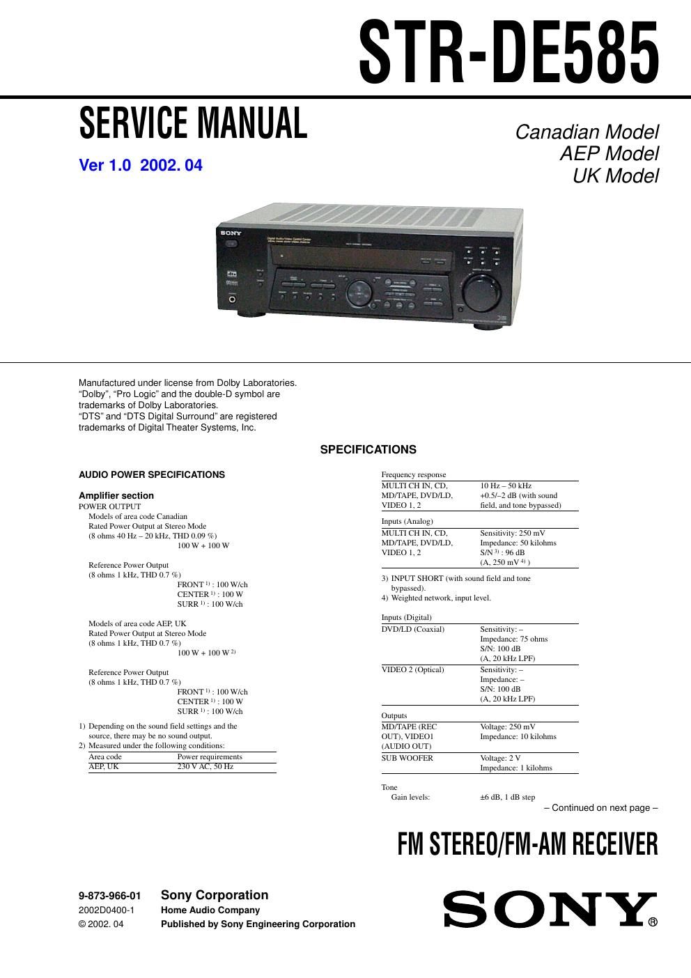 sony str de 585 rec service manual