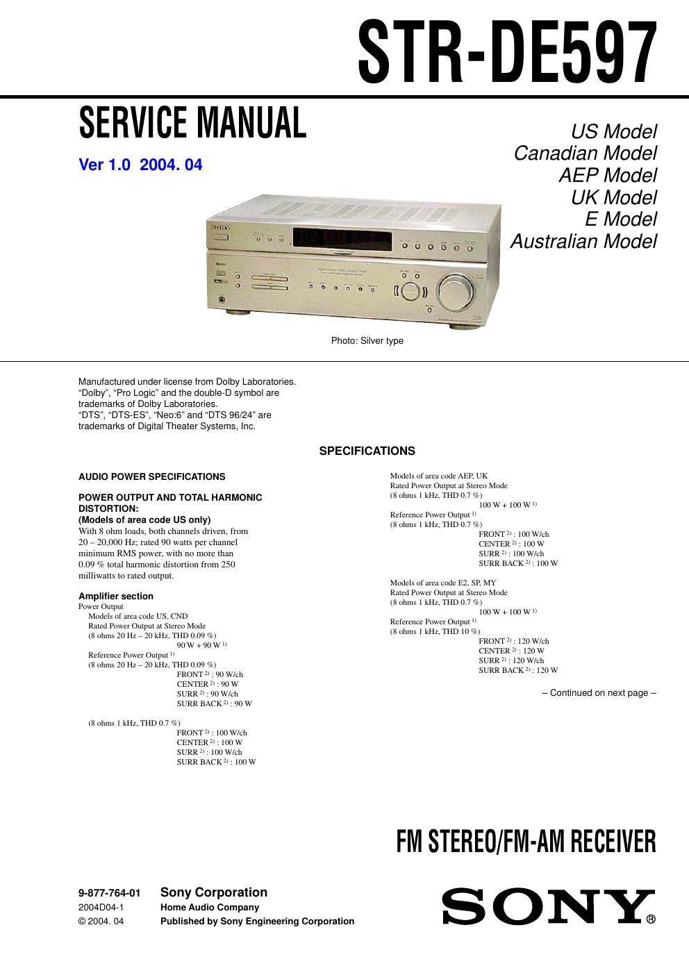 sony str de 597 service manual