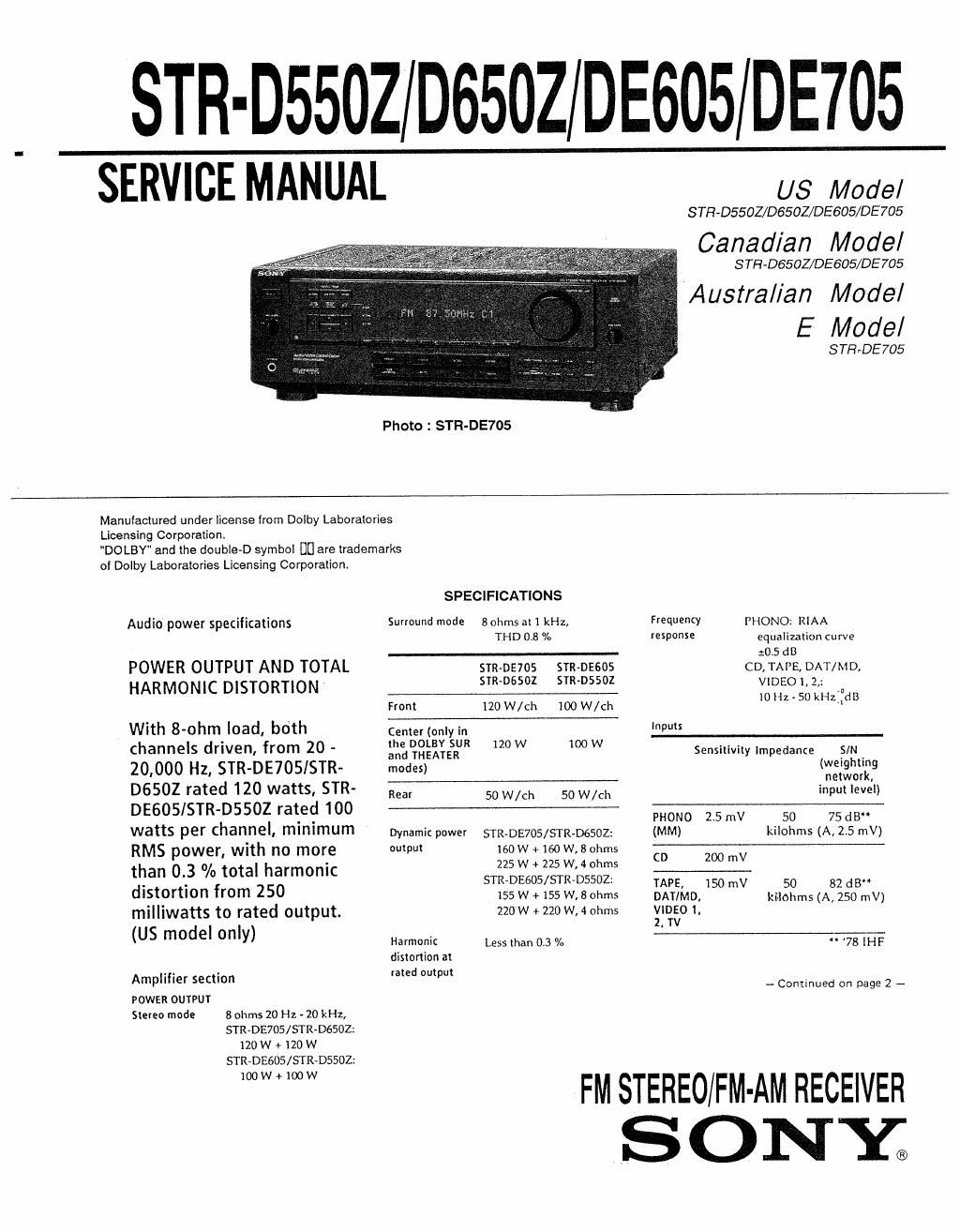 sony str de 605 service manual