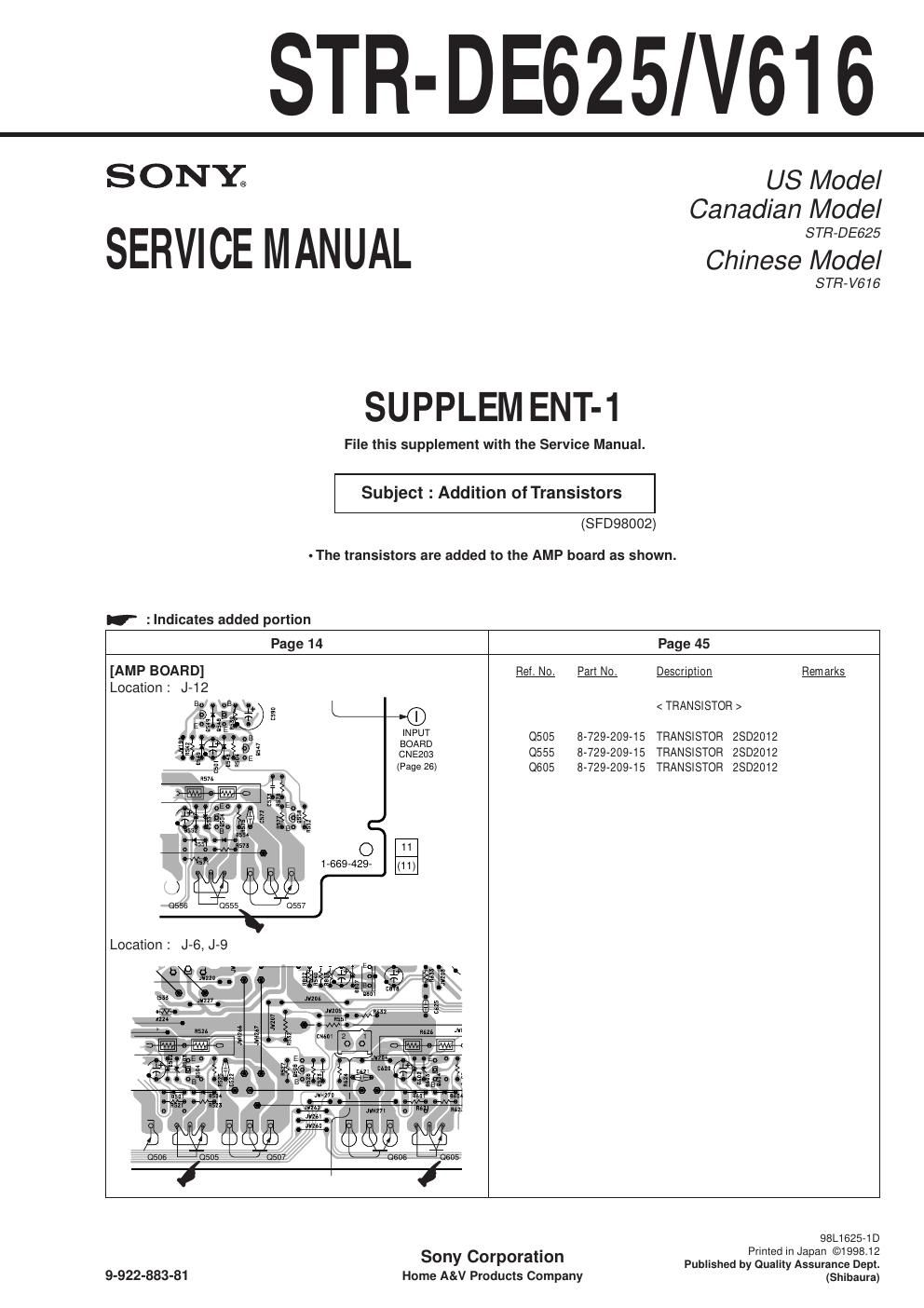 sony str de 625 service manual