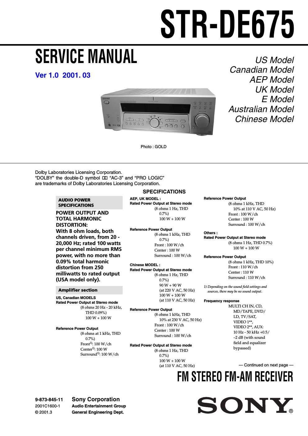 sony str de 675 rec service manual