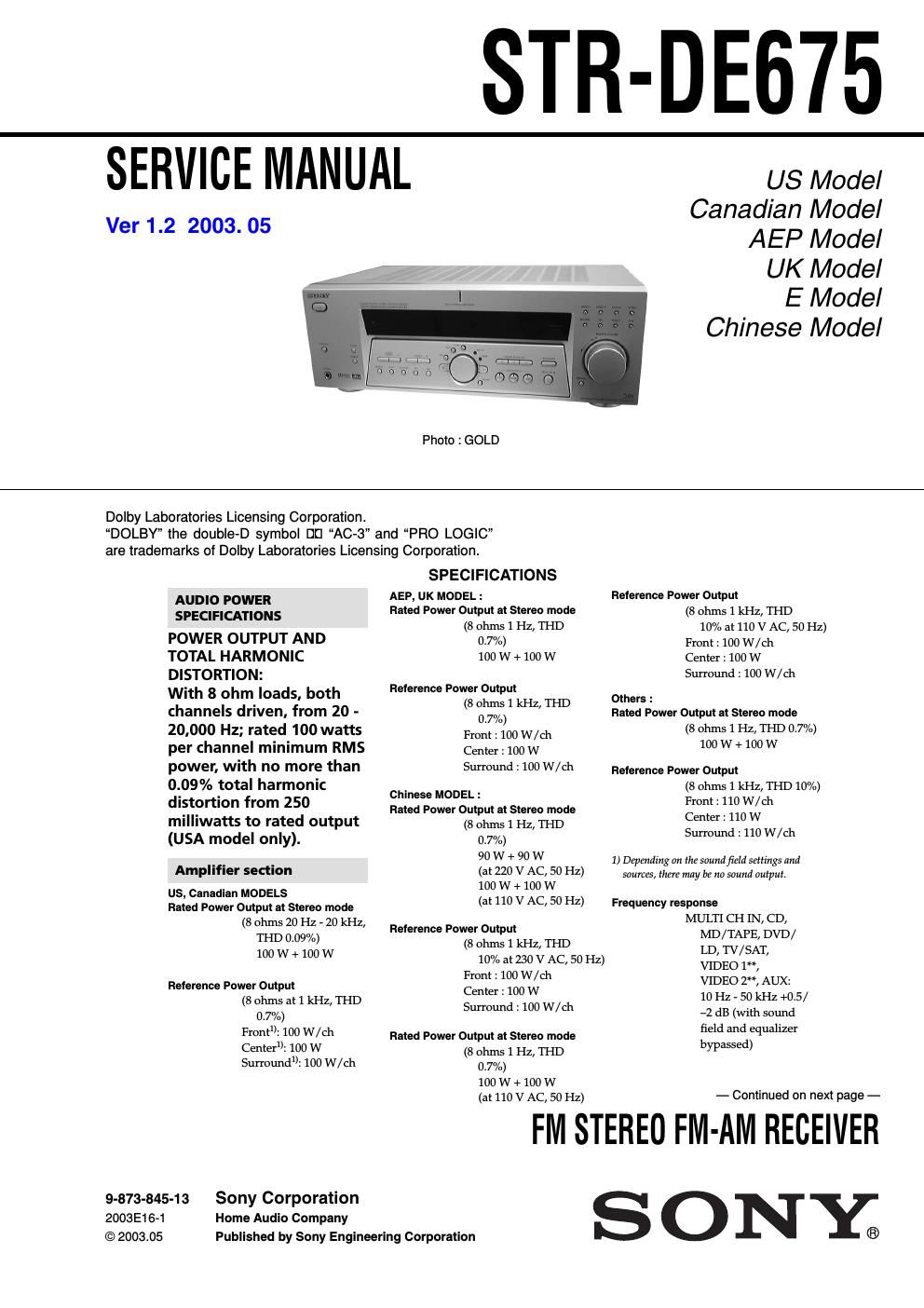 sony str de 675 service manual