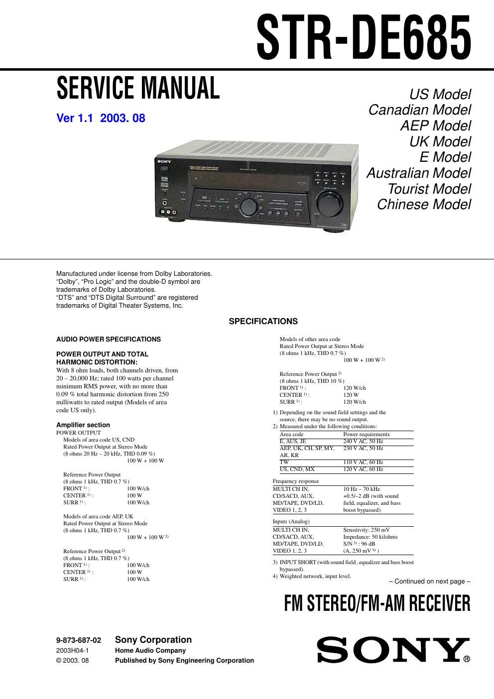 sony str de 685 service manual