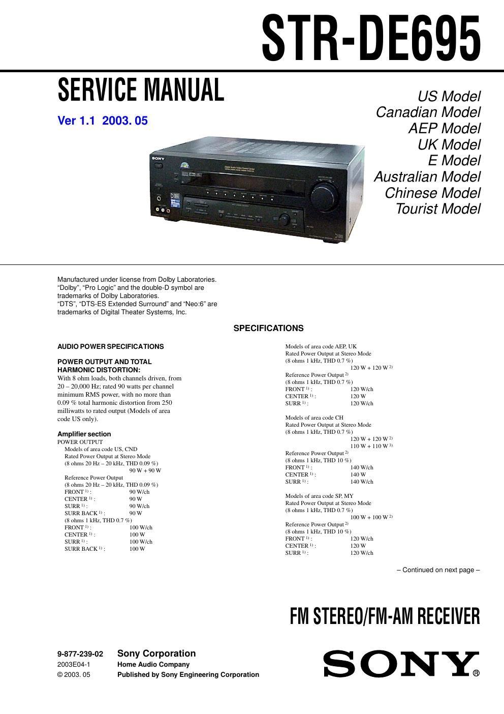 sony str de 695 rec service manual