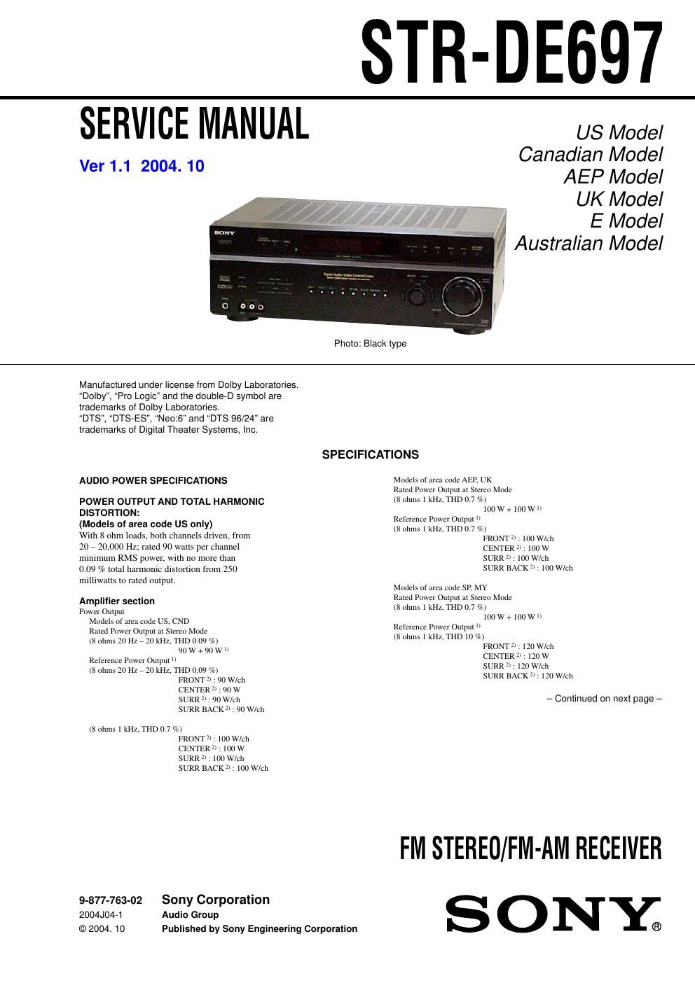 sony str de 697 service manual