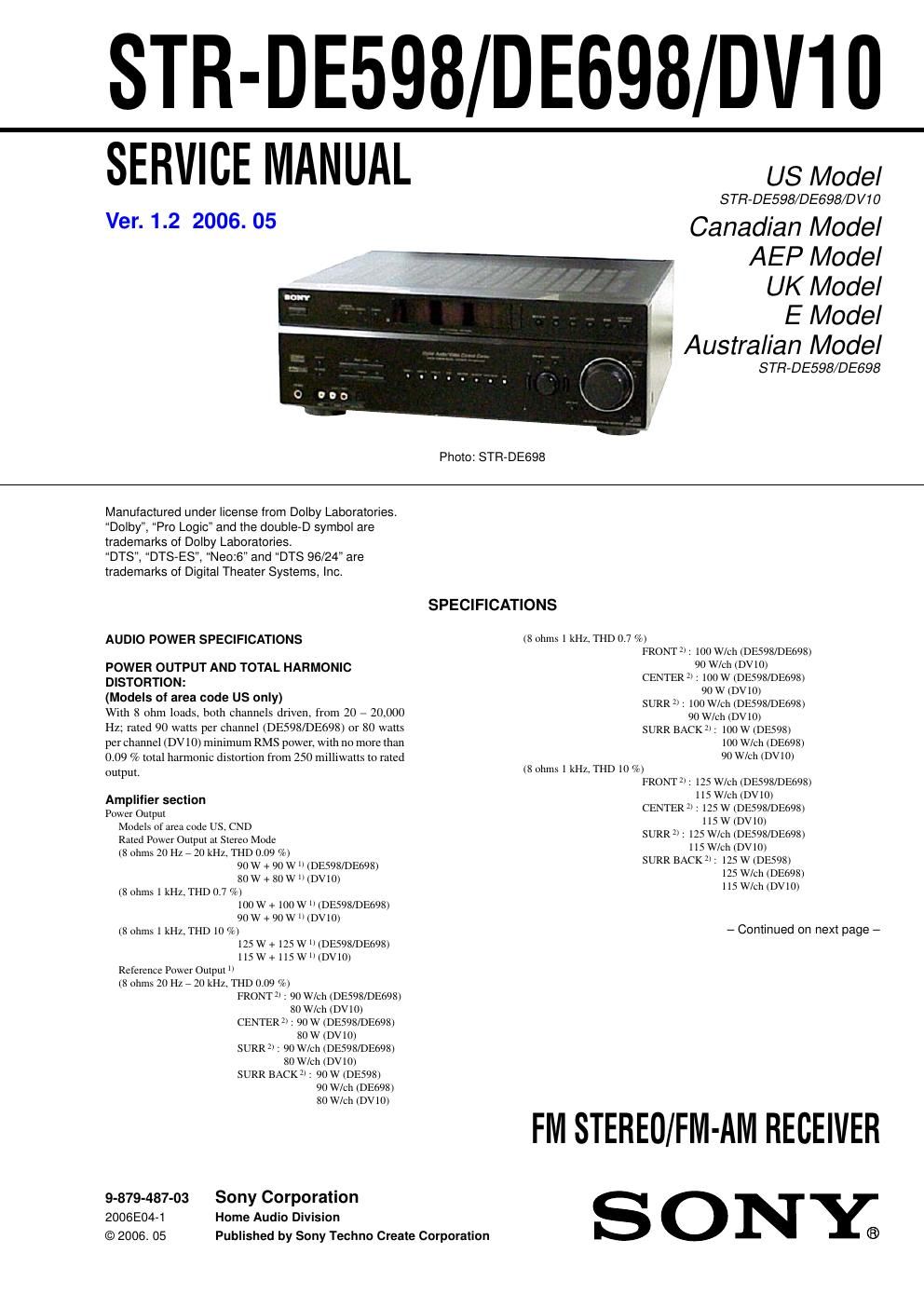 sony str de 698 rec service manual