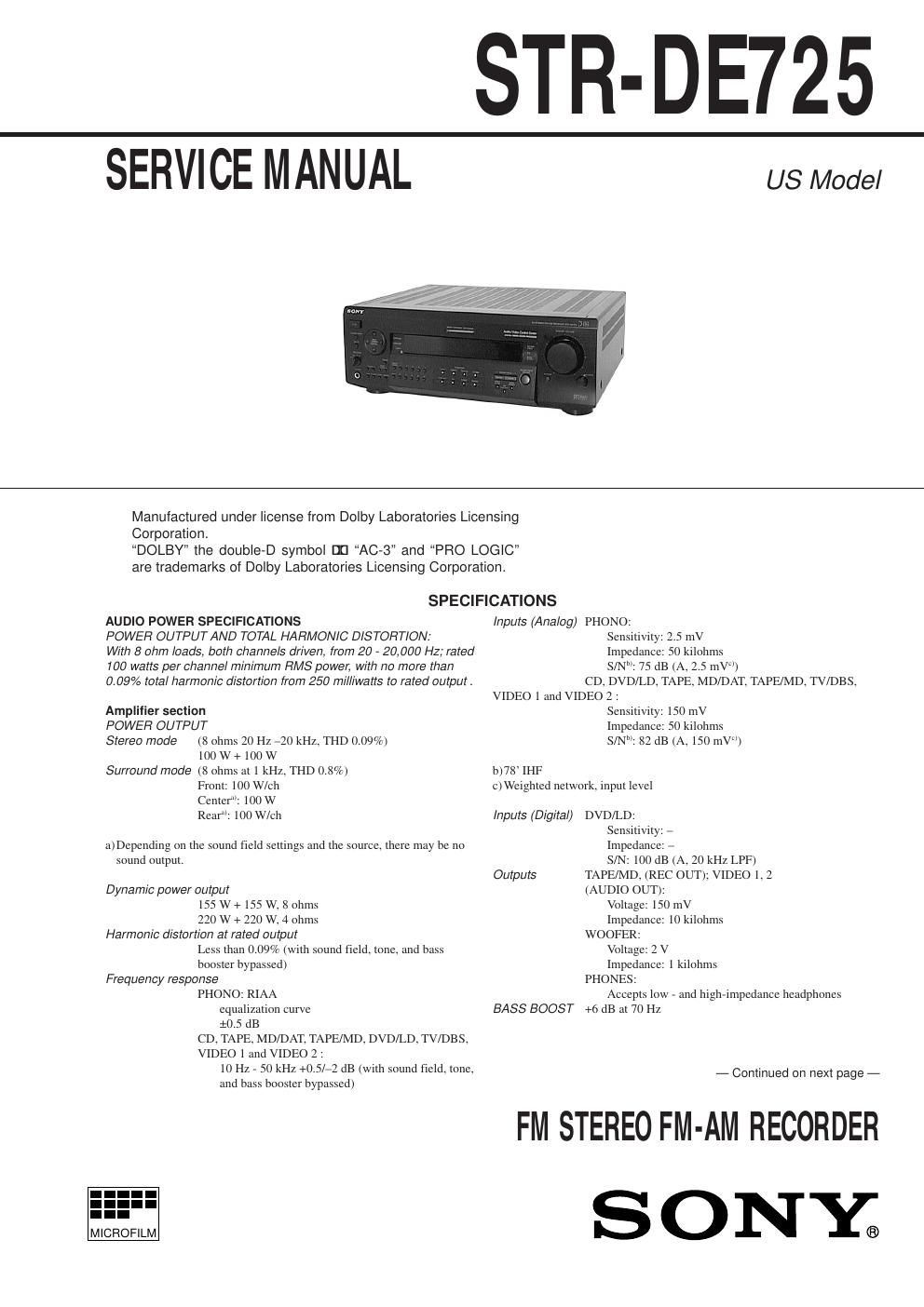 sony str de 725 service manual