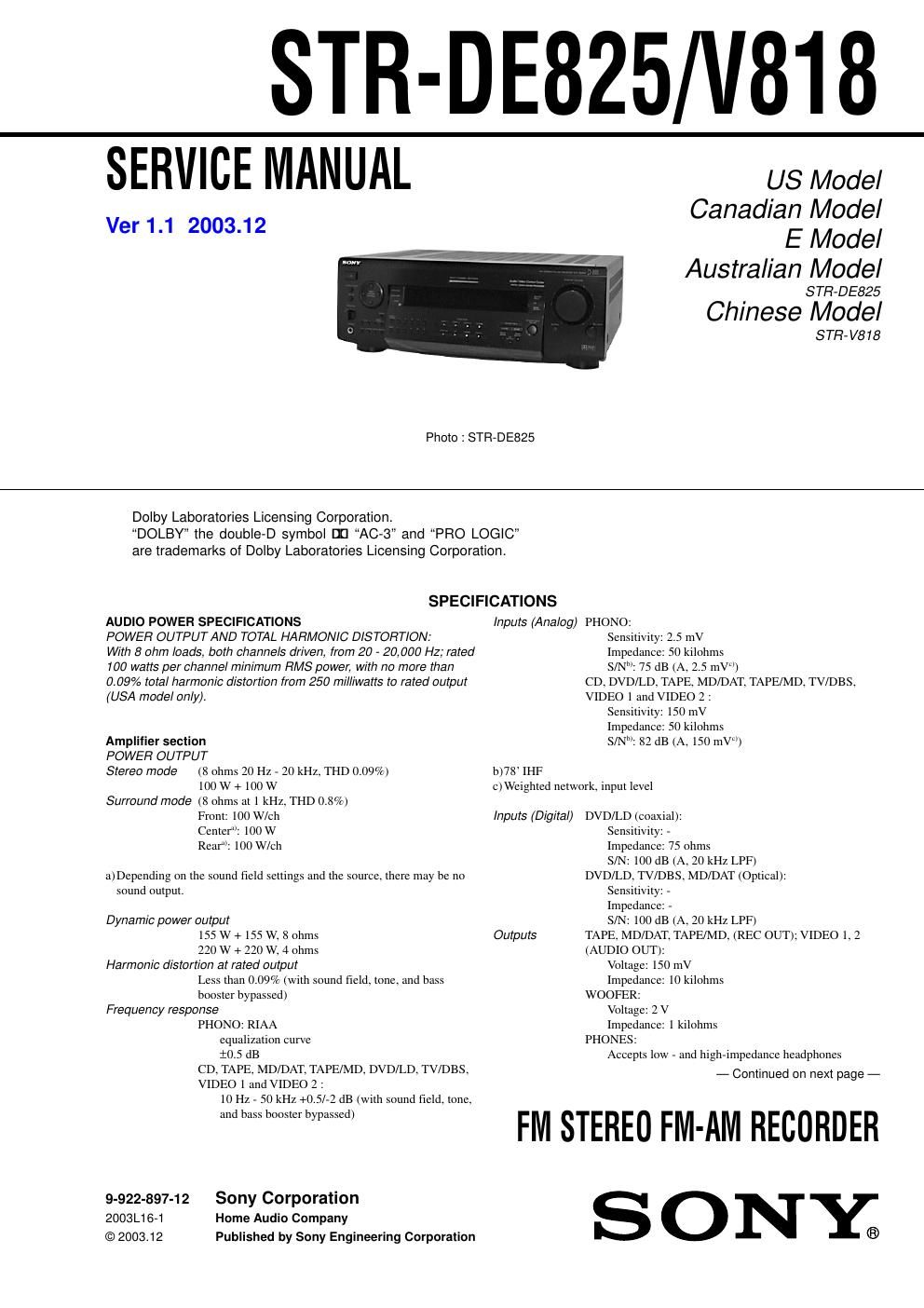 sony str de 825 service manual