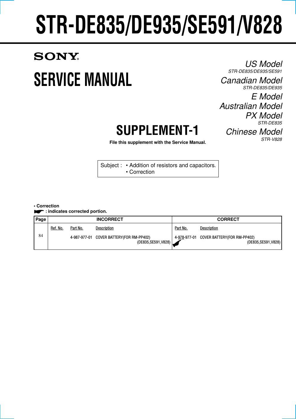 sony str de 835 service manual