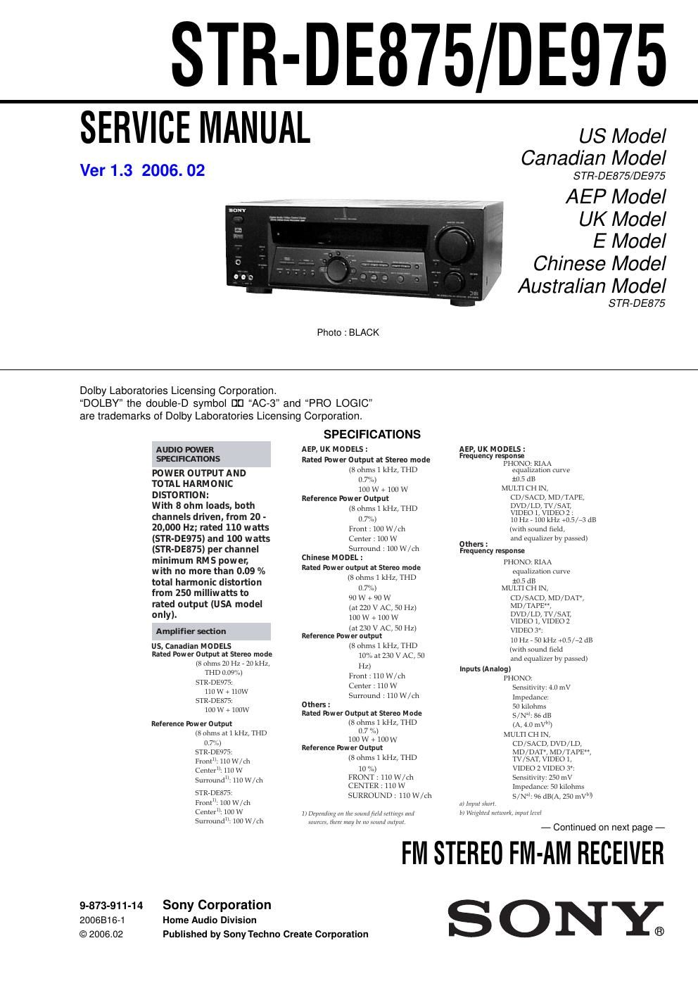 sony str de 875 service manual