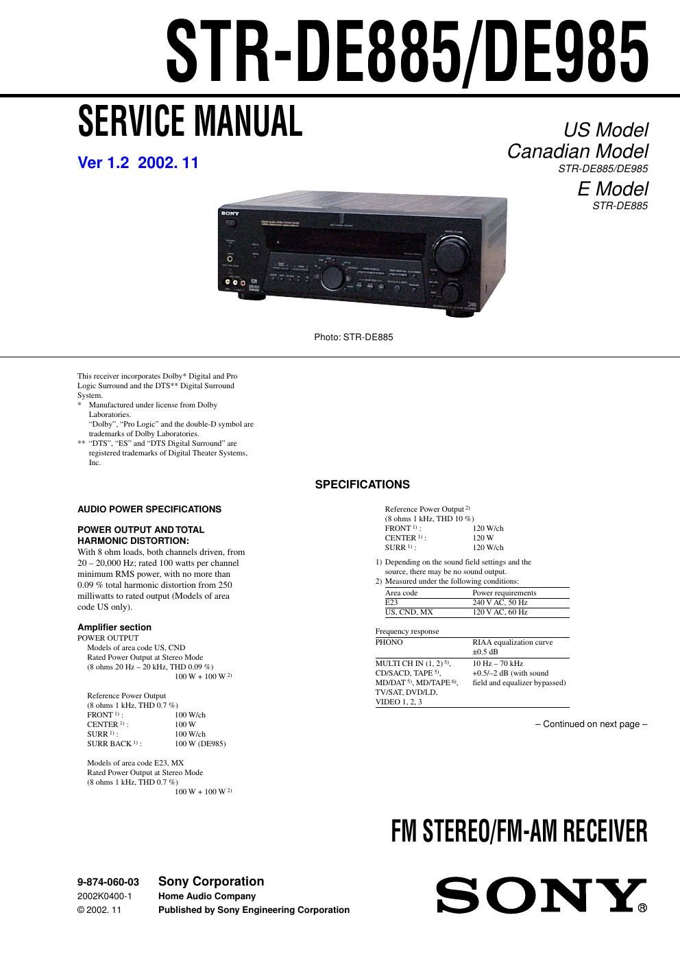 sony str de 885 service manual