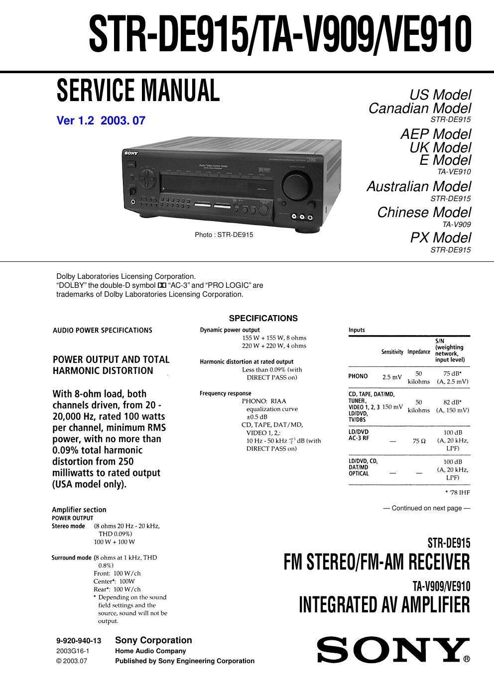 sony str de 915 service manual