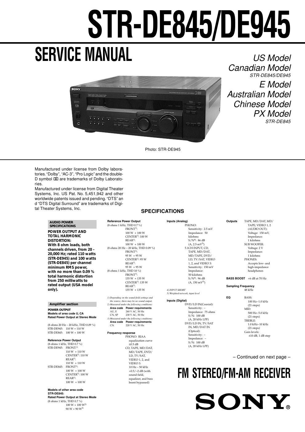 sony str de 945 service manual