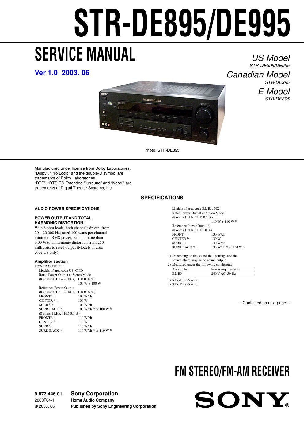 sony str de 995 service manual