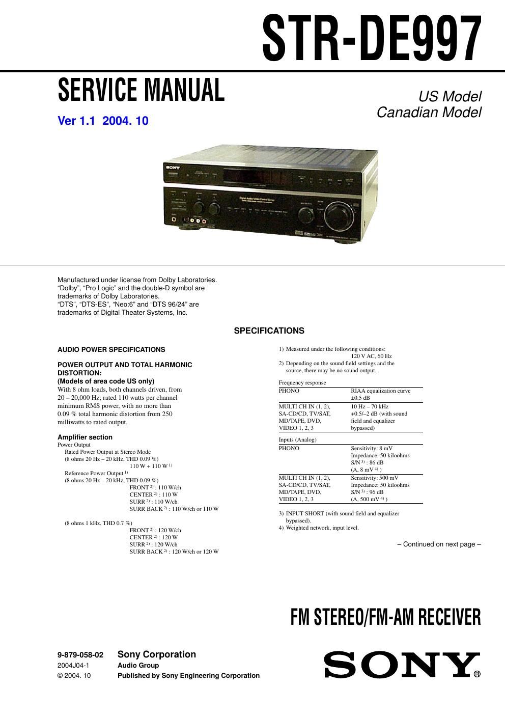 sony str de 997 service manual