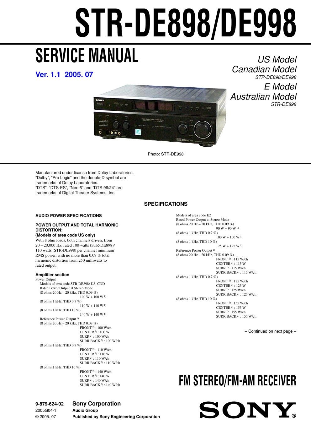 sony str de 998 service manual