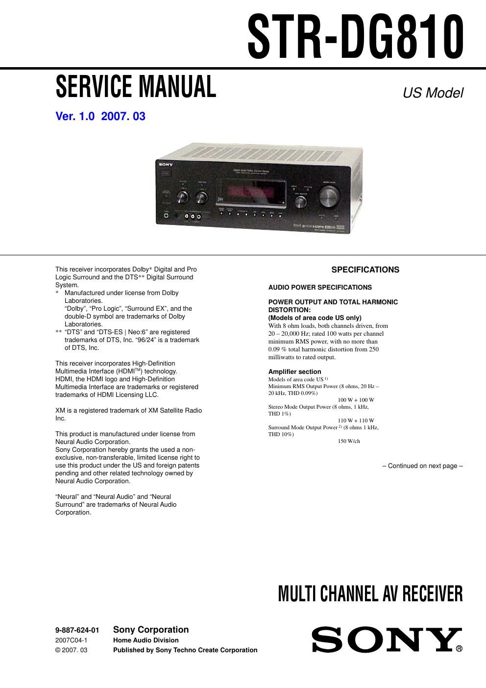 sony str dg 810 service manual