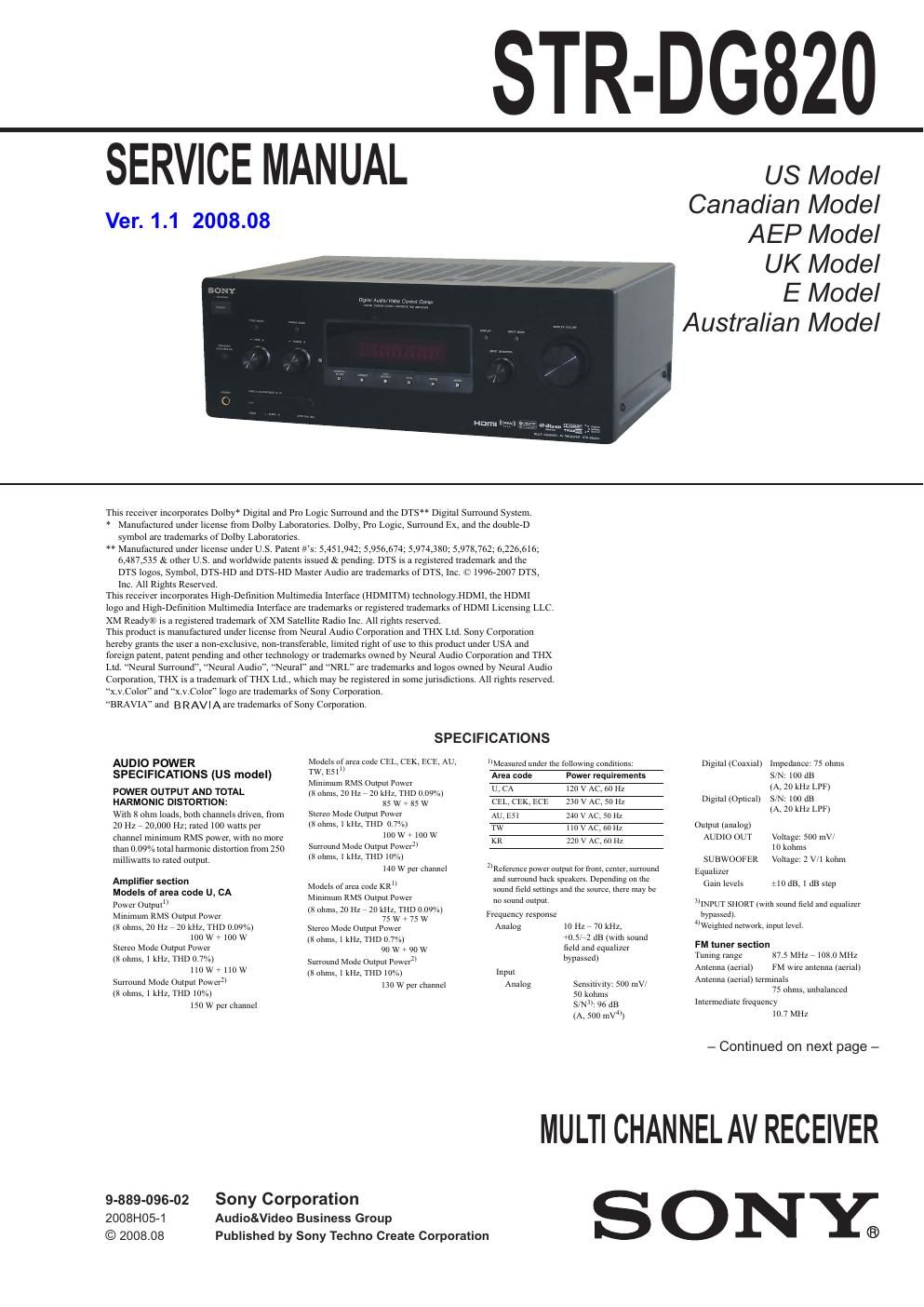 sony str dg 820 service manual