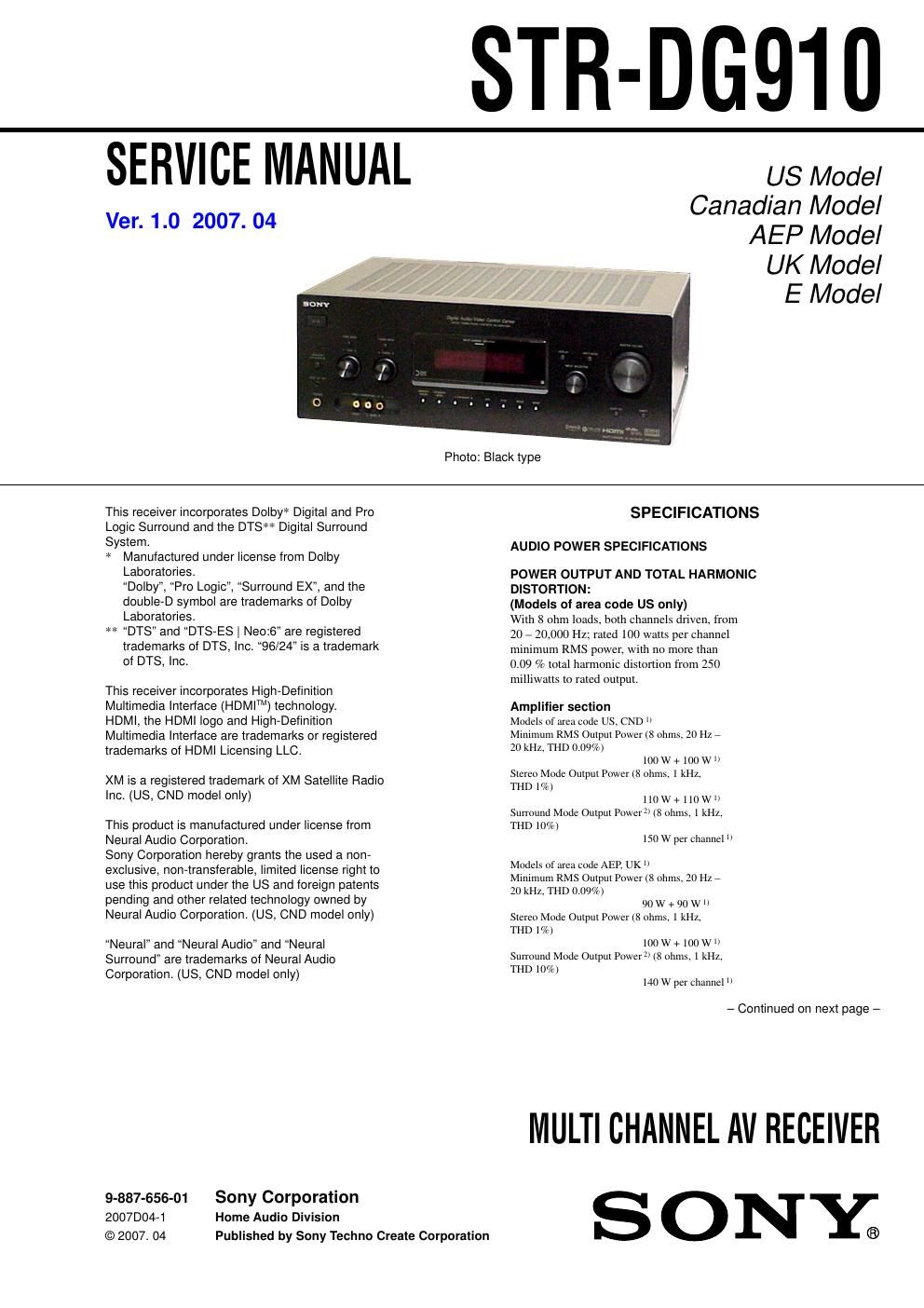 sony str dg 910 service manual